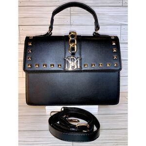 Badgley Mischka Gold Chain & Studded Black Plain Grain Vegan Leather Crossbody